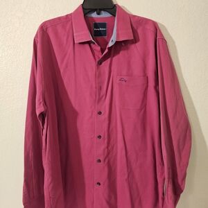 Tommy Bahama Pink Woven Button-Up Shirt Long Sleeve Cotton Silk L Men